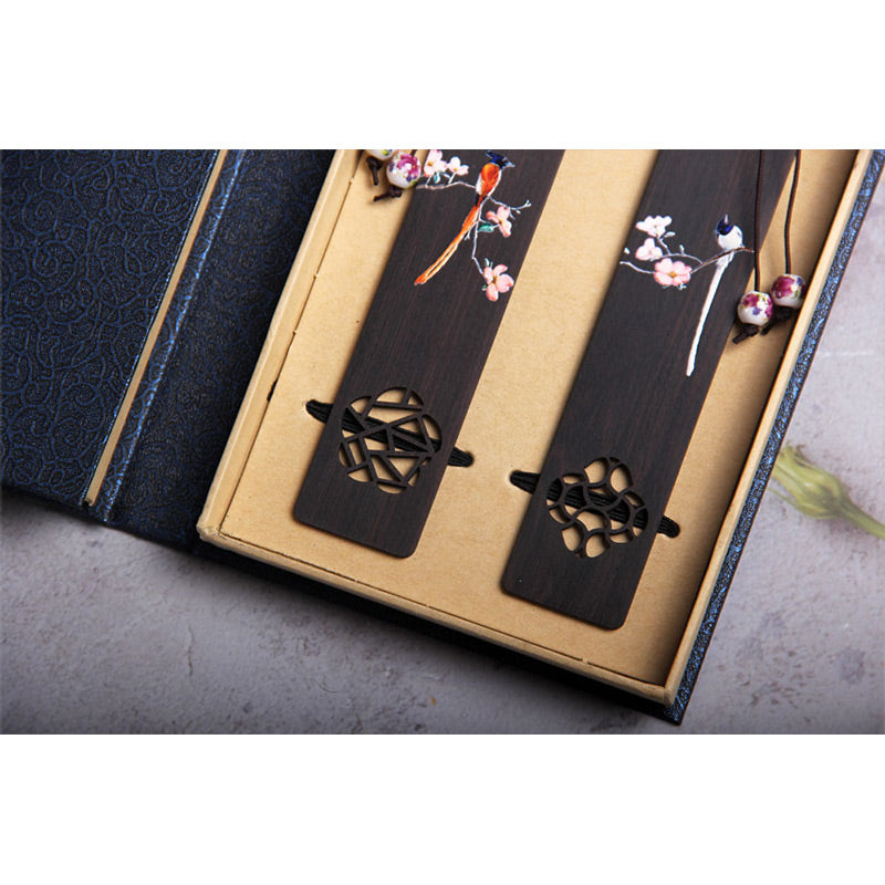 Marque-pages en bois d'ébène Buddha Stones et oiseau Oriole et fleur, avec coffret cadeau