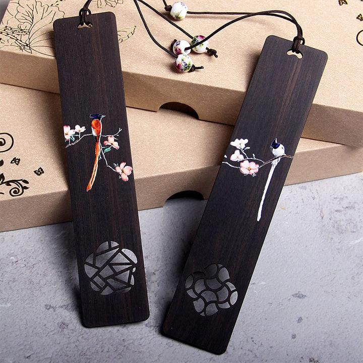 Marque-pages en bois d'ébène Buddha Stones et oiseau Oriole et fleur, avec coffret cadeau