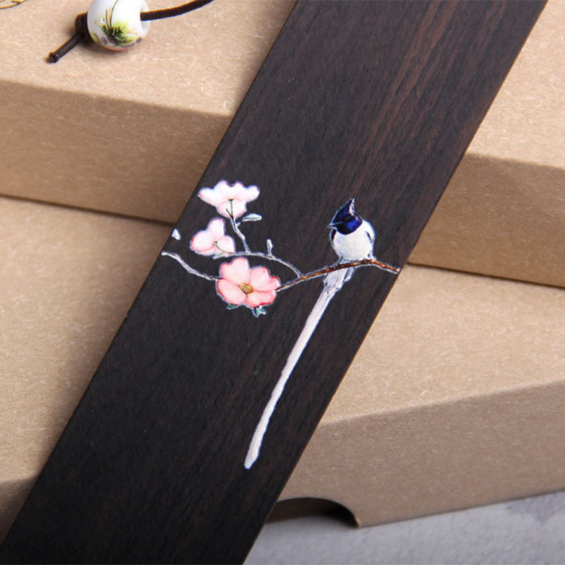 Marque-pages en bois d'ébène Buddha Stones et oiseau Oriole et fleur, avec coffret cadeau