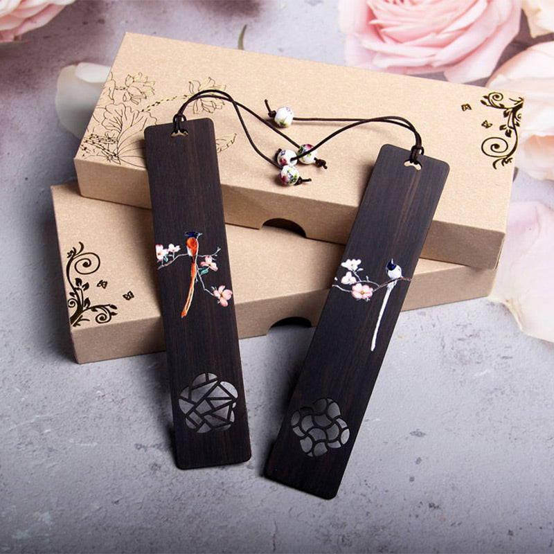Marque-pages en bois d'ébène Buddha Stones et oiseau Oriole et fleur, avec coffret cadeau