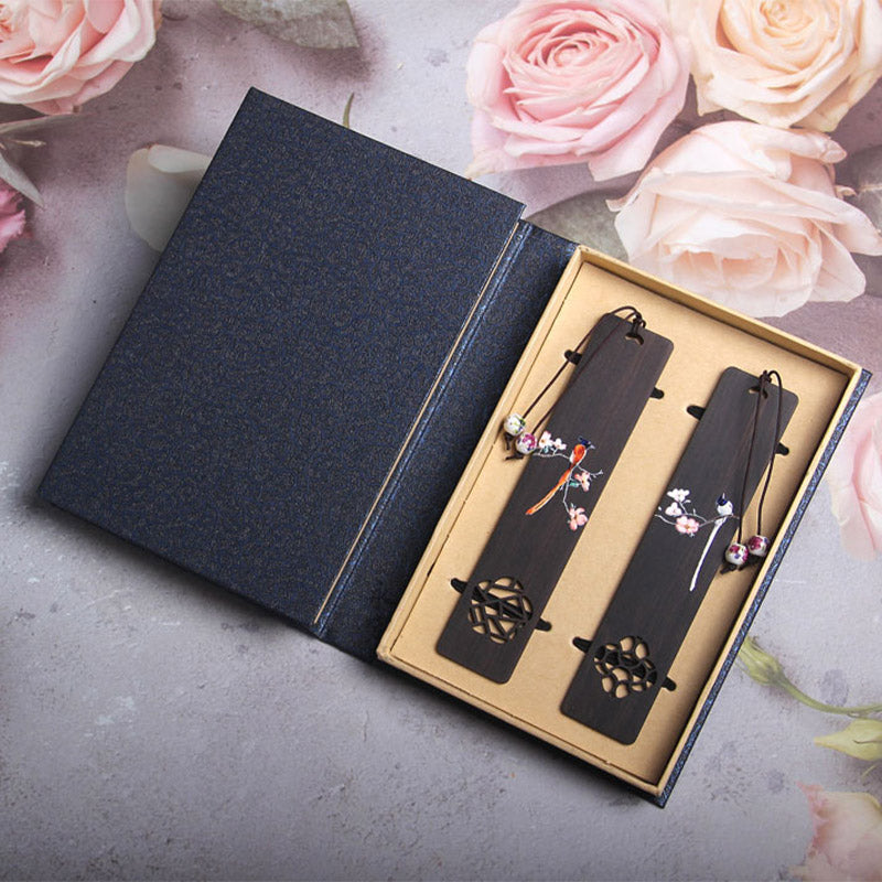 Marque-pages en bois d'ébène Buddha Stones et oiseau Oriole et fleur, avec coffret cadeau