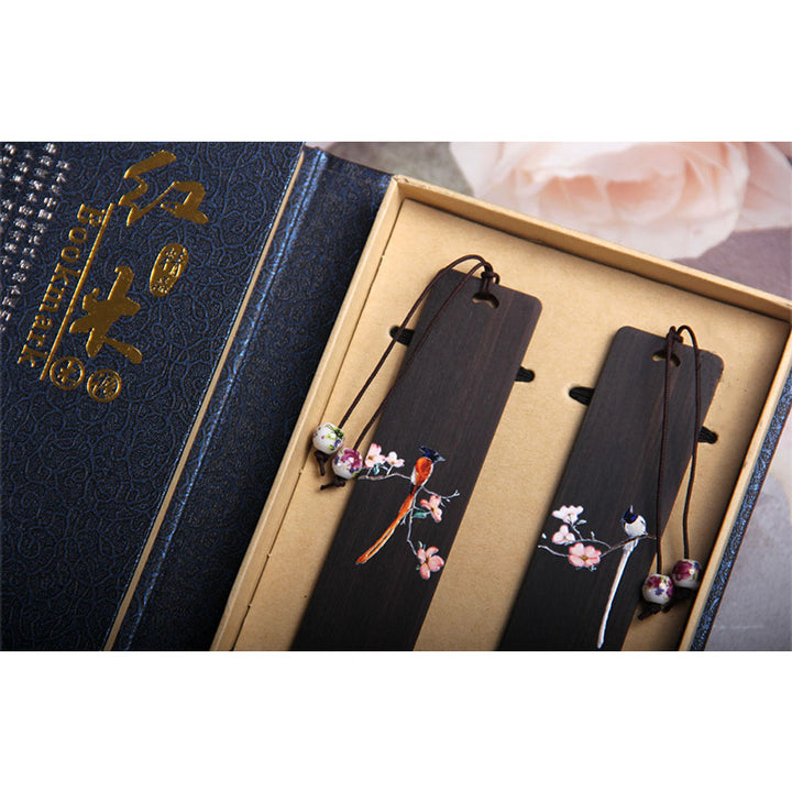 Marque-pages en bois d'ébène Buddha Stones et oiseau Oriole et fleur, avec coffret cadeau
