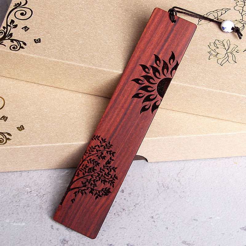 Marque-pages Buddha Stones Sun Tree en bois d'ébène à petites feuilles en bois de santal rouge avec boîte cadeau