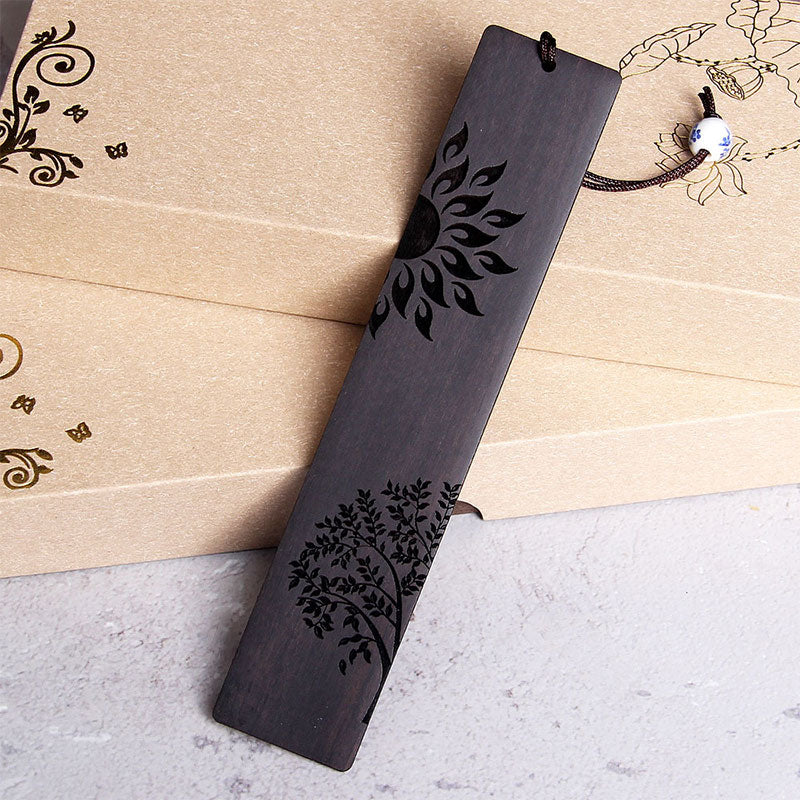 Marque-pages Buddha Stones Sun Tree en bois d'ébène à petites feuilles en bois de santal rouge avec boîte cadeau