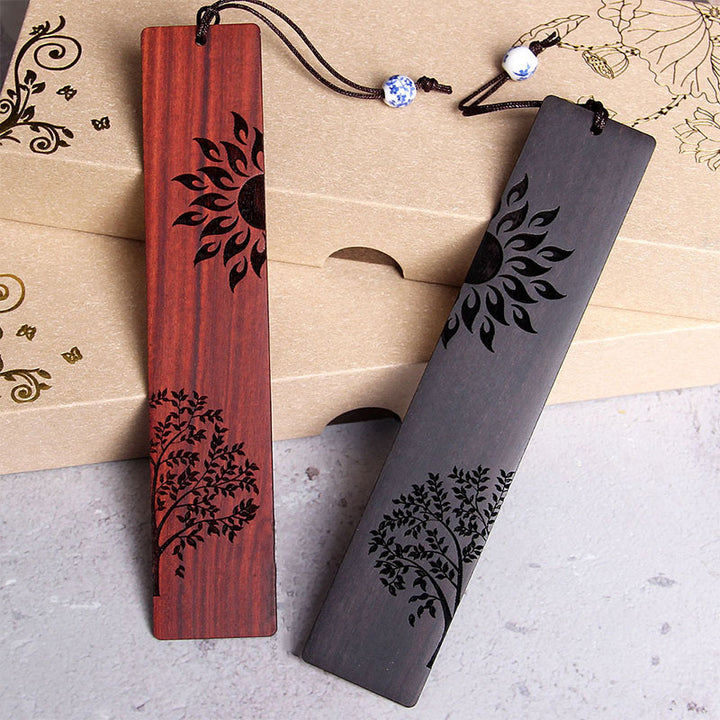Marque-pages Buddha Stones Sun Tree en bois d'ébène à petites feuilles en bois de santal rouge avec boîte cadeau