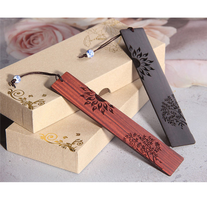 Marque-pages Buddha Stones Sun Tree en bois d'ébène à petites feuilles en bois de santal rouge avec boîte cadeau