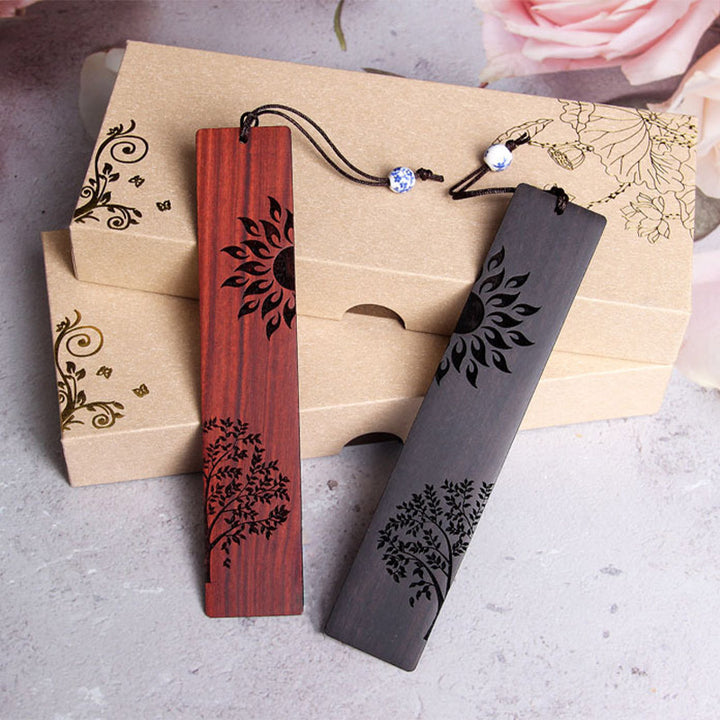 Marque-pages Buddha Stones Sun Tree en bois d'ébène à petites feuilles en bois de santal rouge avec boîte cadeau