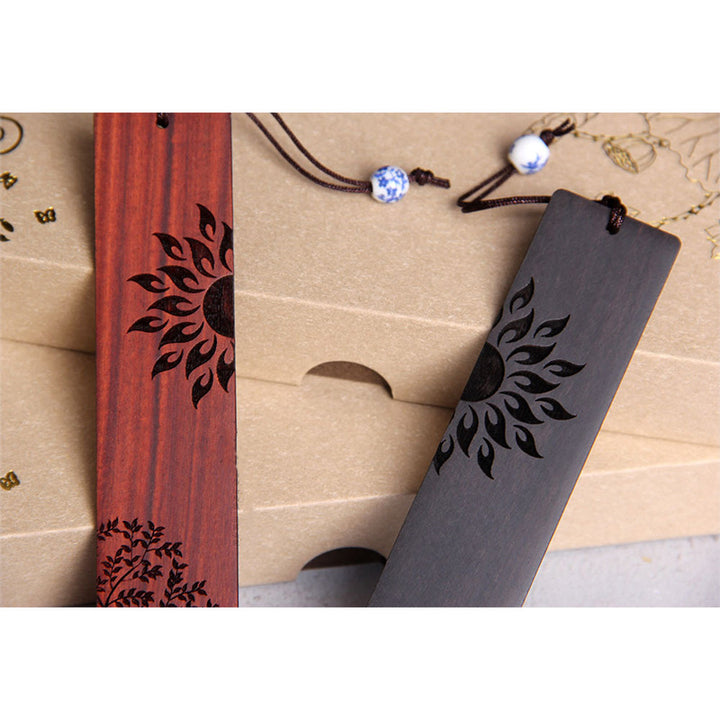 Marque-pages Buddha Stones Sun Tree en bois d'ébène à petites feuilles en bois de santal rouge avec boîte cadeau