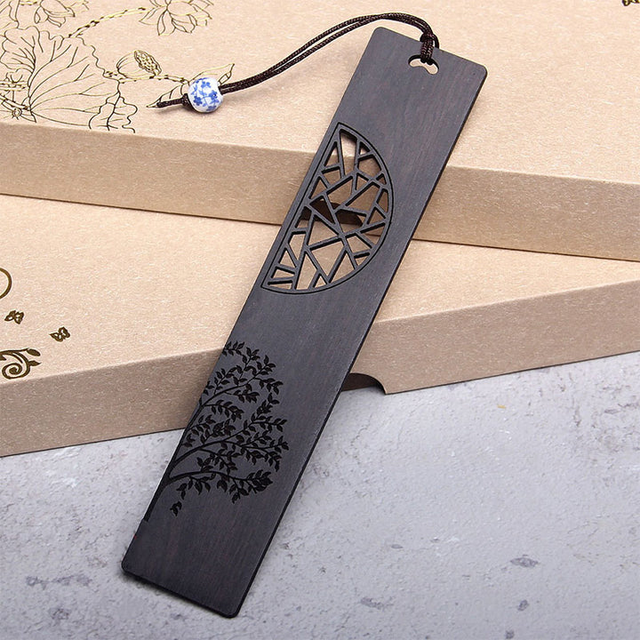 Marque-pages Buddha Stones L'arbre de vie en bois d'ébène à petites feuilles en bois de santal rouge avec boîte cadeau