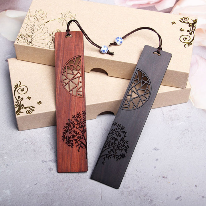 Marque-pages Buddha Stones L'arbre de vie en bois d'ébène à petites feuilles en bois de santal rouge avec boîte cadeau
