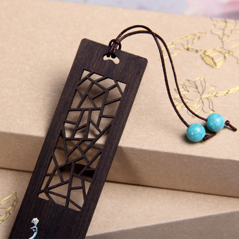 Marque-pages en bois d'ébène de paon bleu Buddha Stones avec boîte cadeau