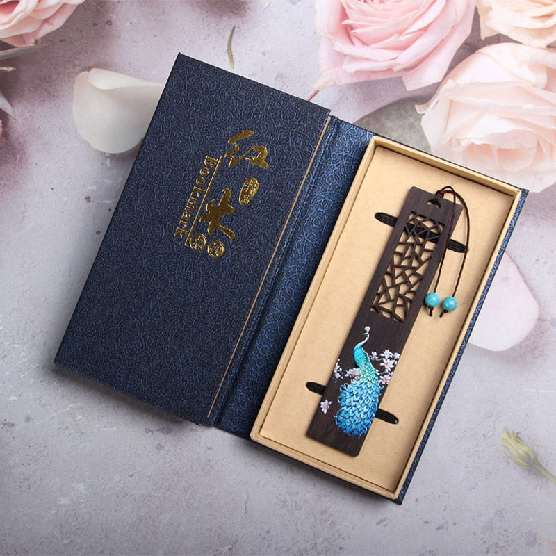 Marque-pages en bois d'ébène de paon bleu Buddha Stones avec boîte cadeau