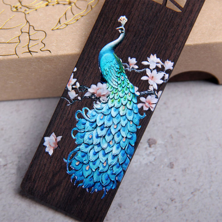 Marque-pages en bois d'ébène de paon bleu Buddha Stones avec boîte cadeau
