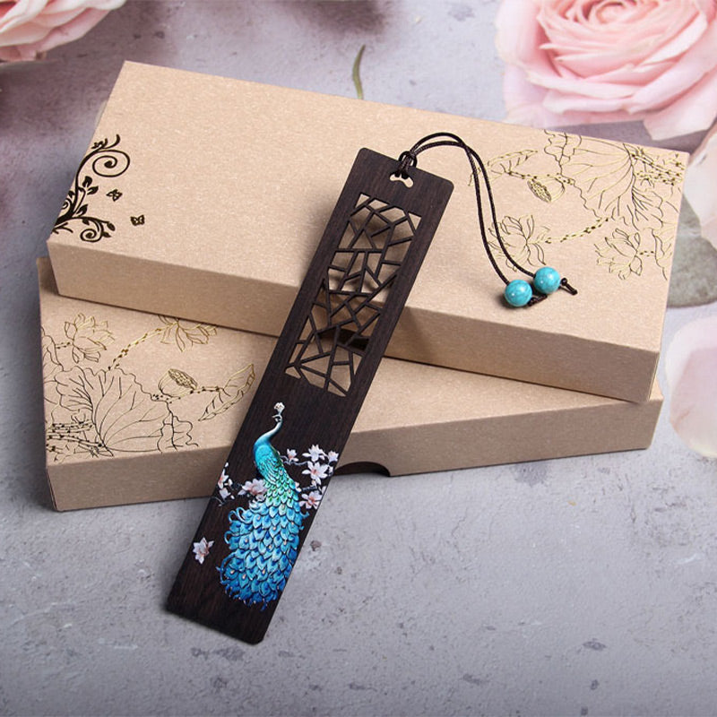 Marque-pages en bois d'ébène de paon bleu Buddha Stones avec boîte cadeau