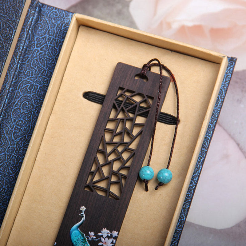 Marque-pages en bois d'ébène de paon bleu Buddha Stones avec boîte cadeau