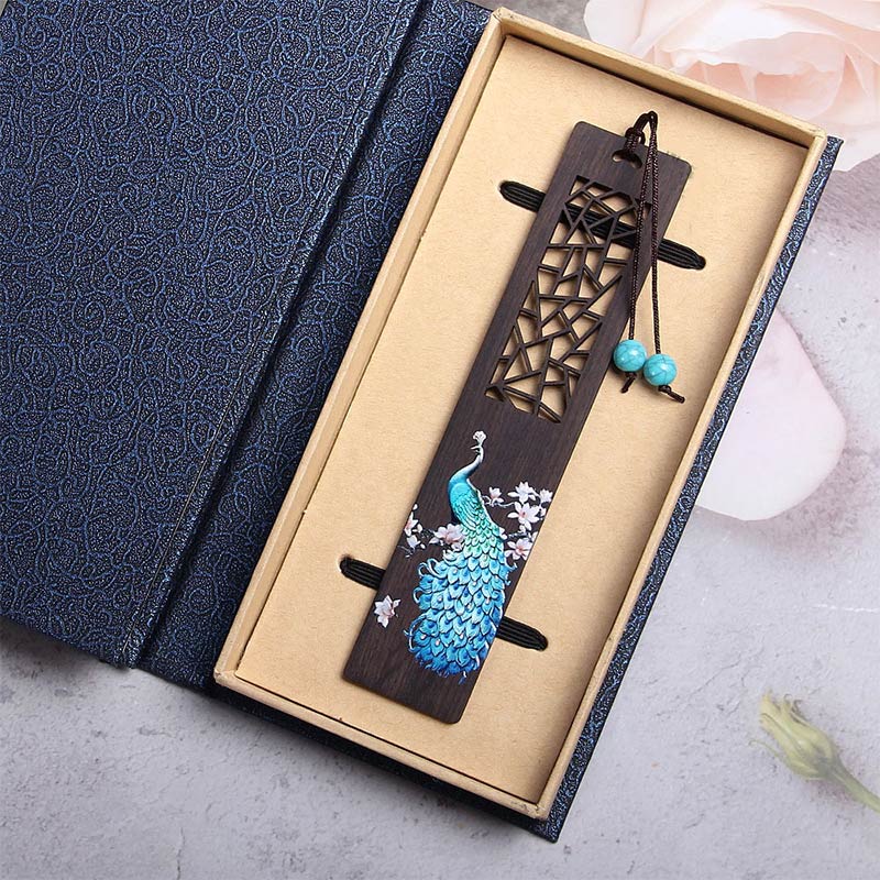 Marque-pages en bois d'ébène de paon bleu Buddha Stones avec boîte cadeau