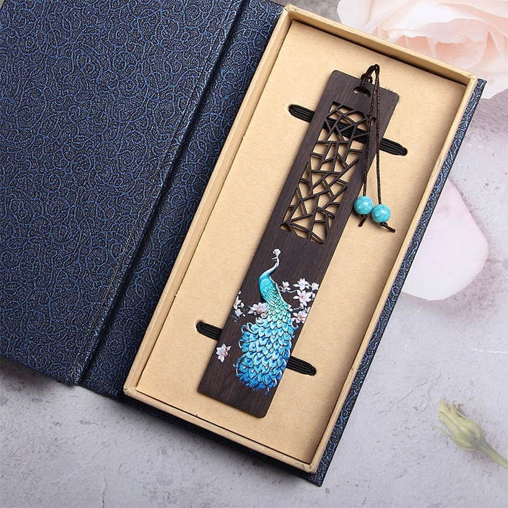 Marque-pages en bois d'ébène de paon bleu Buddha Stones avec boîte cadeau