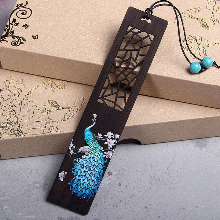 Marque-pages en bois d'ébène de paon bleu Buddha Stones avec boîte cadeau
