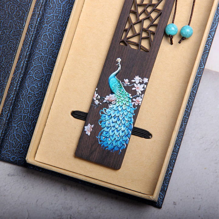 Marque-pages en bois d'ébène de paon bleu Buddha Stones avec boîte cadeau