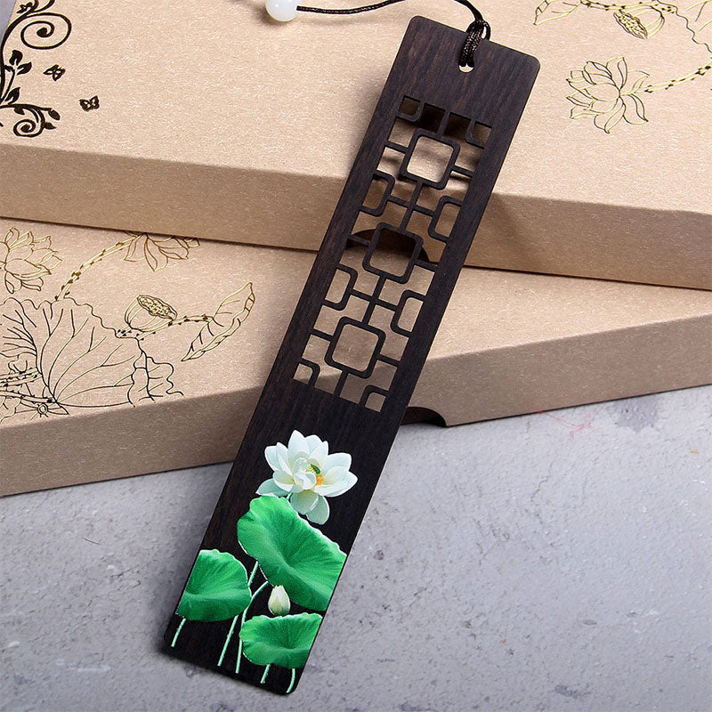 Marque-pages en bois d'ébène , Buddha Stones, lotus vert, bambou, oriole, avec boîte cadeau