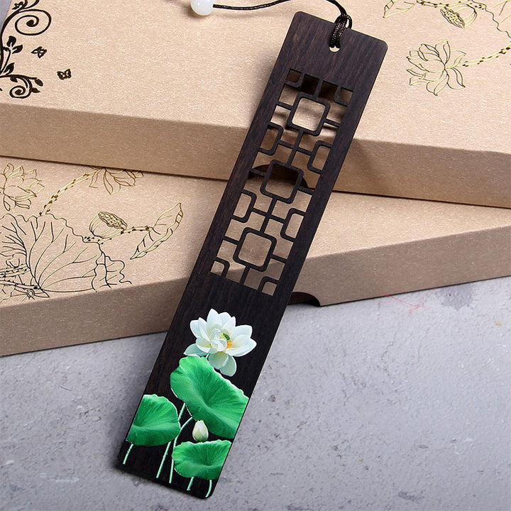 Marque-pages en bois d'ébène , Buddha Stones, lotus vert, bambou, oriole, avec boîte cadeau