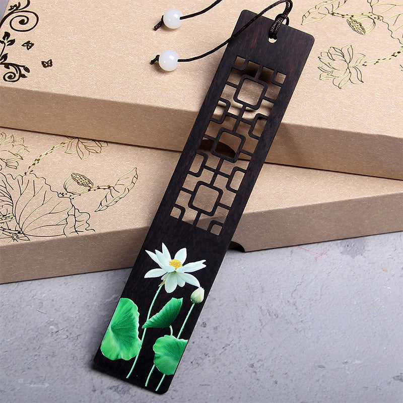 Marque-pages en bois d'ébène , Buddha Stones, lotus vert, bambou, oriole, avec boîte cadeau
