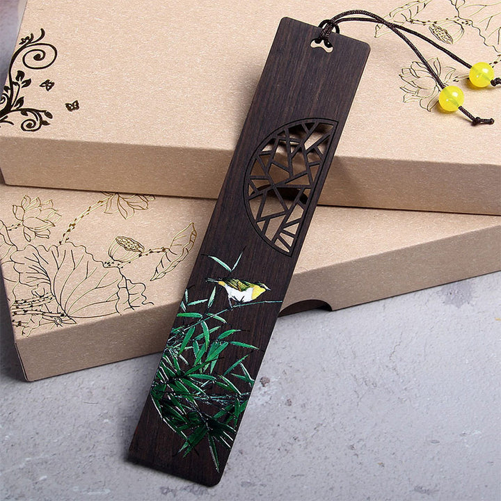 Marque-pages en bois d'ébène , Buddha Stones, lotus vert, bambou, oriole, avec boîte cadeau