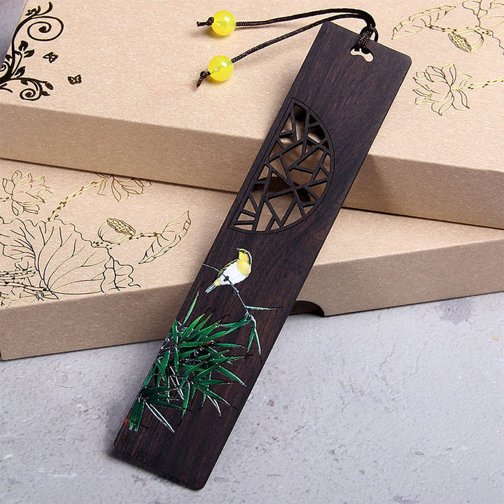 Marque-pages en bois d'ébène , Buddha Stones, lotus vert, bambou, oriole, avec boîte cadeau