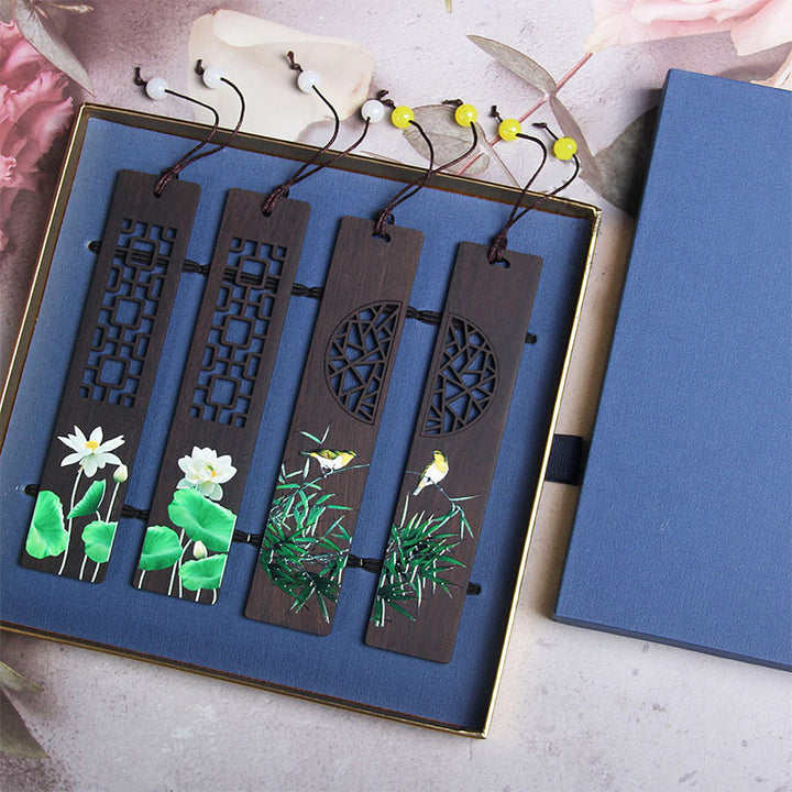 Marque-pages en bois d'ébène , Buddha Stones, lotus vert, bambou, oriole, avec boîte cadeau