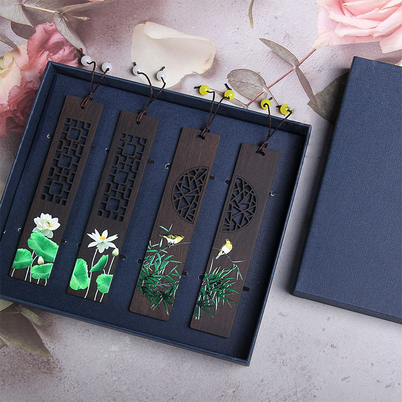 Marque-pages en bois d'ébène , Buddha Stones, lotus vert, bambou, oriole, avec boîte cadeau