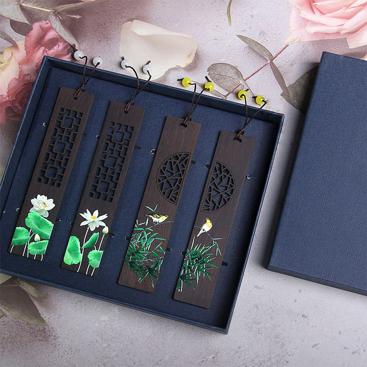Marque-pages en bois d'ébène , Buddha Stones, lotus vert, bambou, oriole, avec boîte cadeau