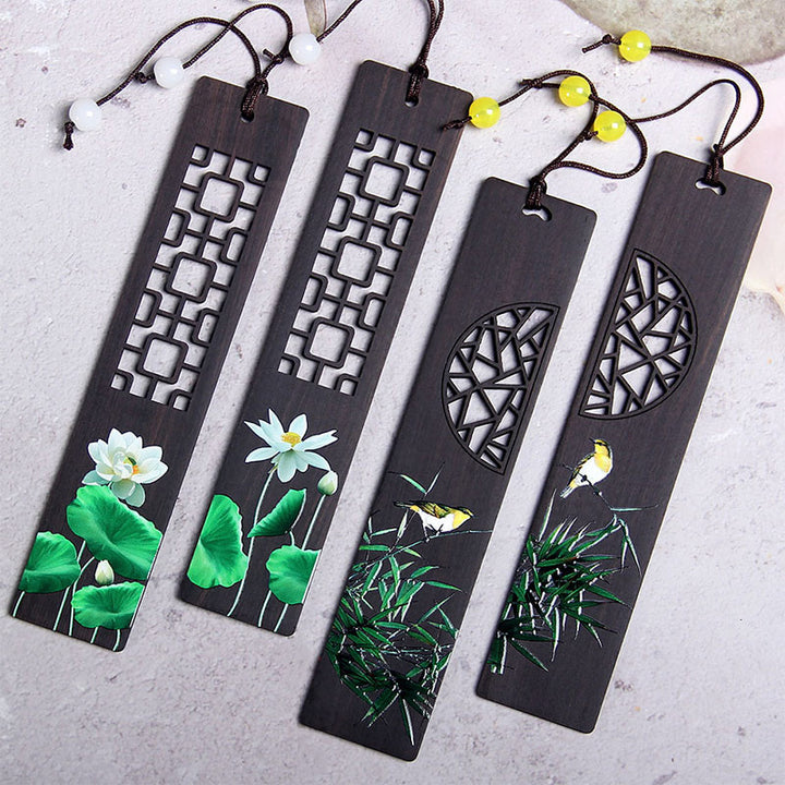 Marque-pages en bois d'ébène , Buddha Stones, lotus vert, bambou, oriole, avec boîte cadeau