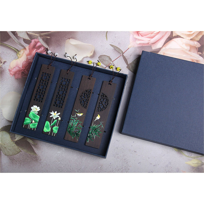 Marque-pages en bois d'ébène , Buddha Stones, lotus vert, bambou, oriole, avec boîte cadeau