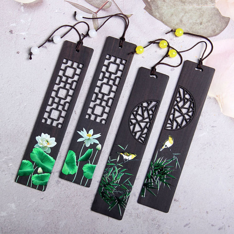 Marque-pages en bois d'ébène , Buddha Stones, lotus vert, bambou, oriole, avec boîte cadeau