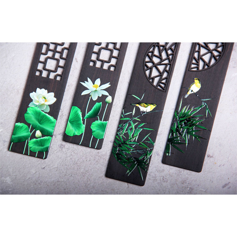 Marque-pages en bois d'ébène , Buddha Stones, lotus vert, bambou, oriole, avec boîte cadeau