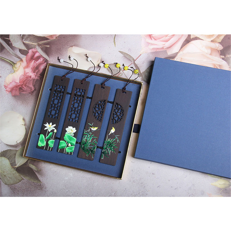 Marque-pages en bois d'ébène , Buddha Stones, lotus vert, bambou, oriole, avec boîte cadeau