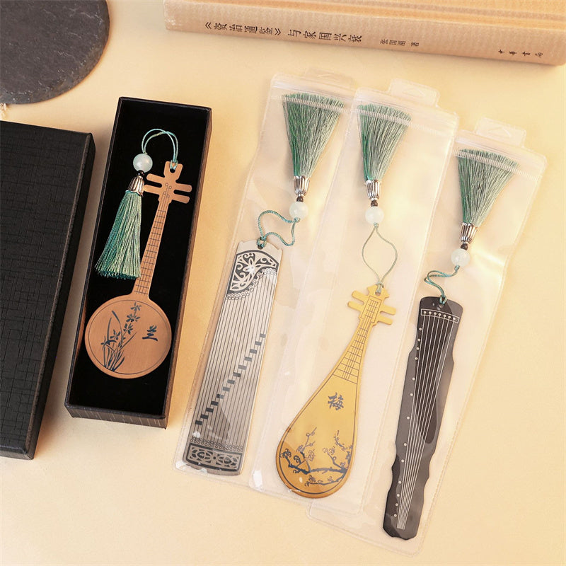 Buddha Stones Instruments de musique classiques Pipa Guzheng Guqin Ruan Signets en métal Pompon avec boîte cadeau