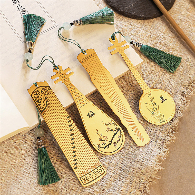 Buddha Stones Instruments de musique classiques Pipa Guzheng Guqin Ruan Signets en métal Pompon avec boîte cadeau