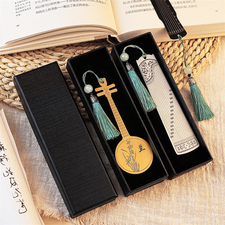 Buddha Stones Instruments de musique classiques Pipa Guzheng Guqin Ruan Signets en métal Pompon avec boîte cadeau