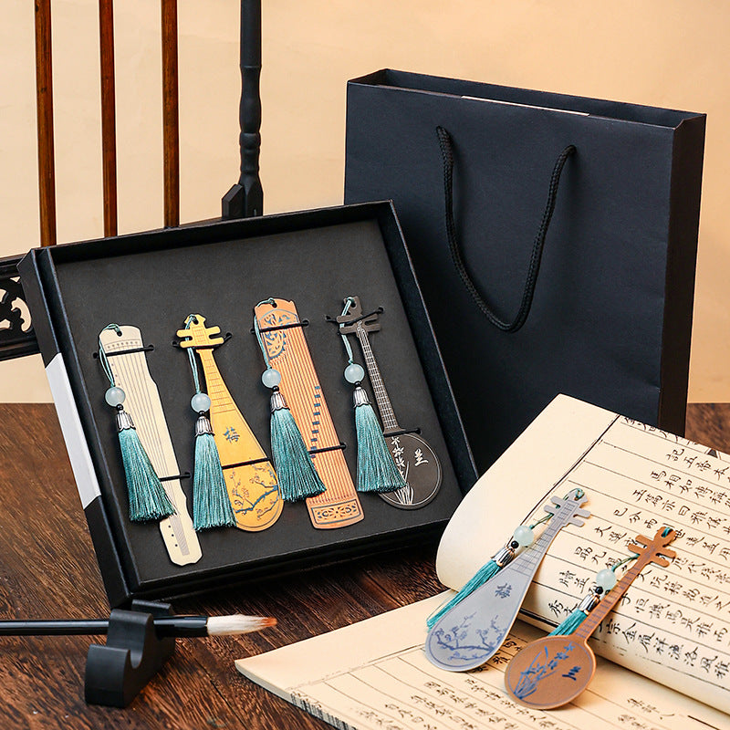 Buddha Stones Instruments de musique classiques Pipa Guzheng Guqin Ruan Signets en métal Pompon avec boîte cadeau