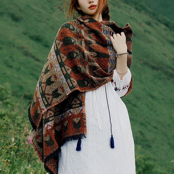 Châle tibétain à motifs géométriques classiques avec Buddha Stones Écharpe de voyage confortable pour l'hiver - Marron 210*65cm - image 0