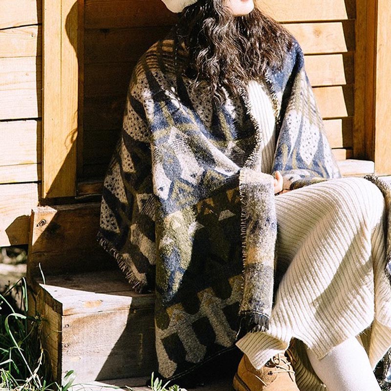 Châle tibétain à motifs géométriques classiques avec Buddha Stones Écharpe de voyage confortable pour l'hiver - Bleu 210*65cm - image 12