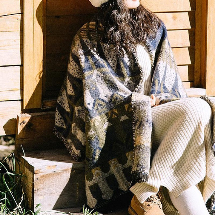 Châle tibétain à motifs géométriques classiques avec Buddha Stones Écharpe de voyage confortable pour l'hiver - Bleu 210*65cm - image 12