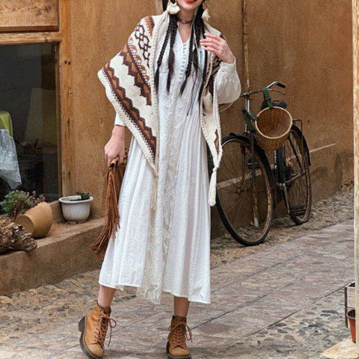 Écharpe de voyage confortable d'hiver à pompons rayés marron et beige en Buddha Stones - image 9