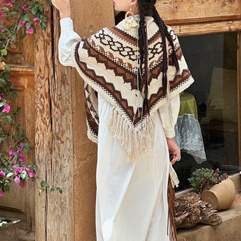 Écharpe de voyage confortable d'hiver à pompons rayés marron et beige en Buddha Stones