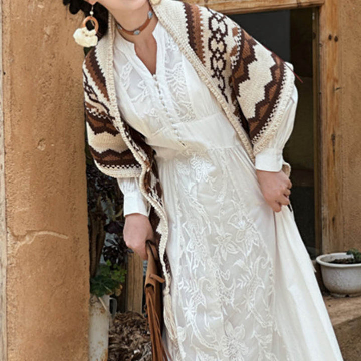 Écharpe de voyage confortable d'hiver à pompons rayés marron et beige en Buddha Stones - image 10