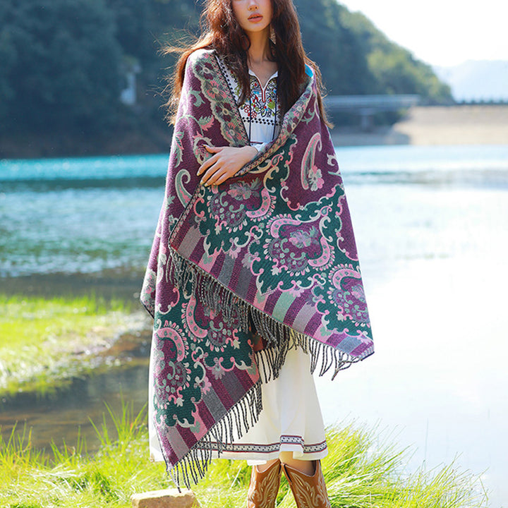 Écharpe de voyage confortable avec pompon et Buddha Stones, fleurs, feuilles, branches - Violet - image 10