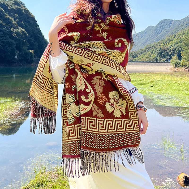 Écharpe de voyage confortable avec motif de fleurs et feuilles tibétaines et Buddha Stones - Beige rouge - image 30