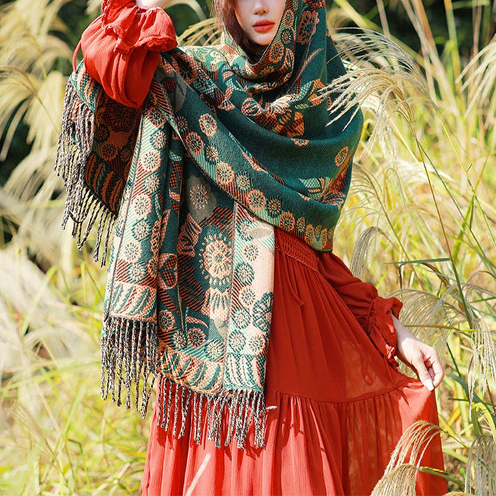 Écharpe de voyage confortable avec motif de fleurs et feuilles tibétaines et Buddha Stones - Vert - image 20