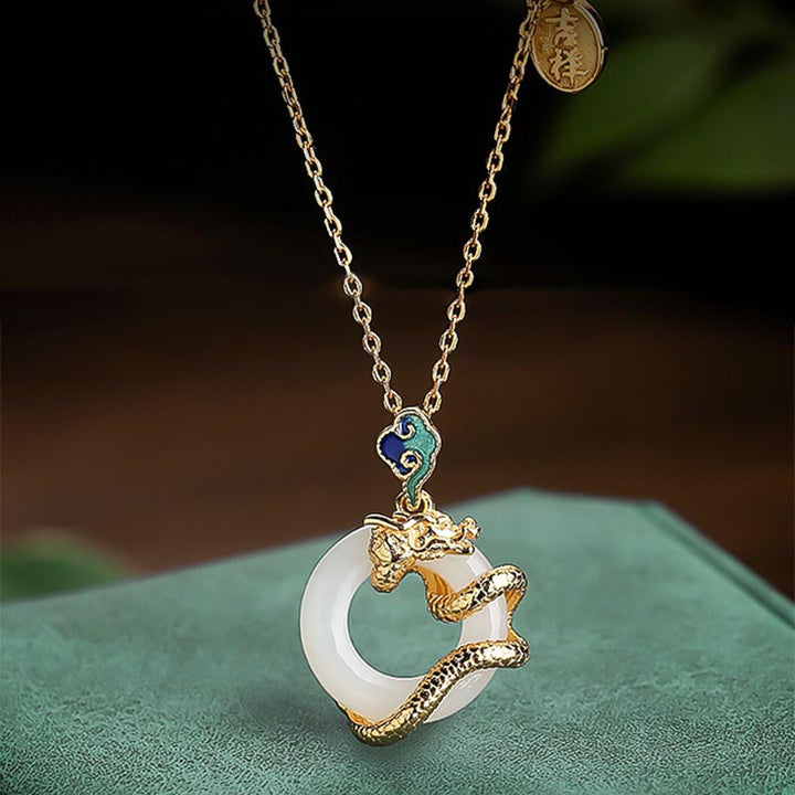Collier pendentif en argent sterling 925 avec boucle de paix en jade blanc Hetian et Buddha Stones Année du Dragon